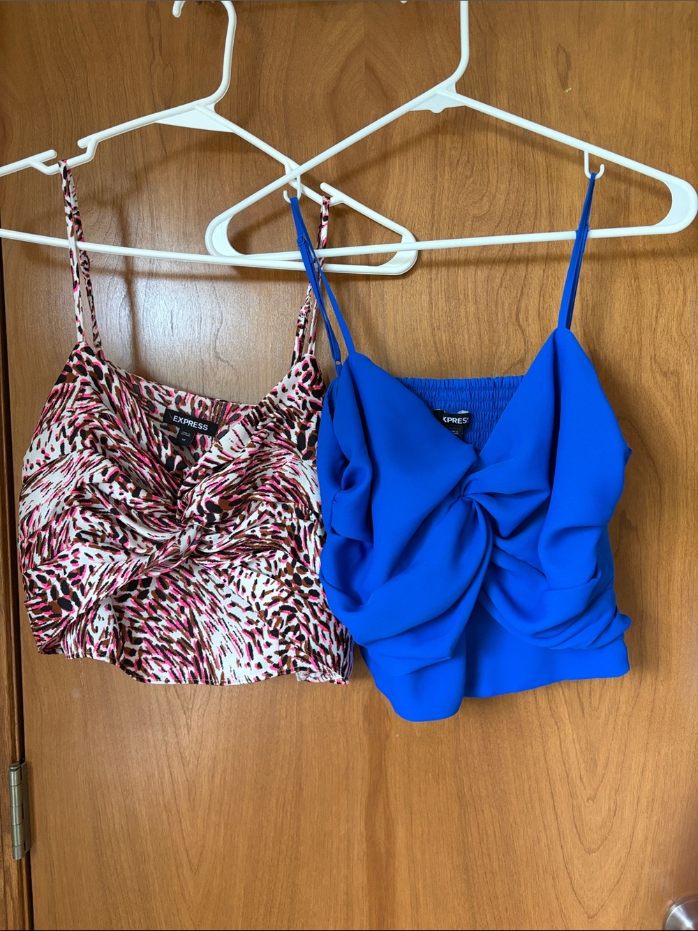 Express Bright Blue and Pink/Brown/Black Twist-Front Crop Cami